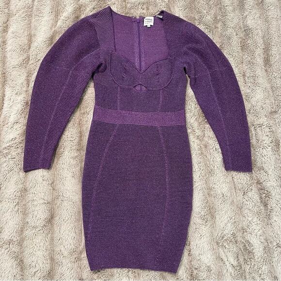 New Herve Leger Purple Metallic Exaggerated Sleeve Mini Dress - Picture 4 of 8